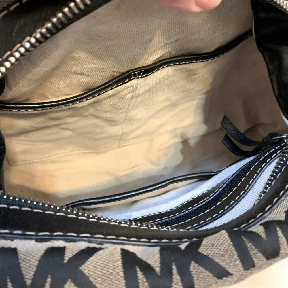 SOLD! MICHAEL KORS Black & White Signature Canvas Buckle-Trimmed Satchel - Picture 9 of 13